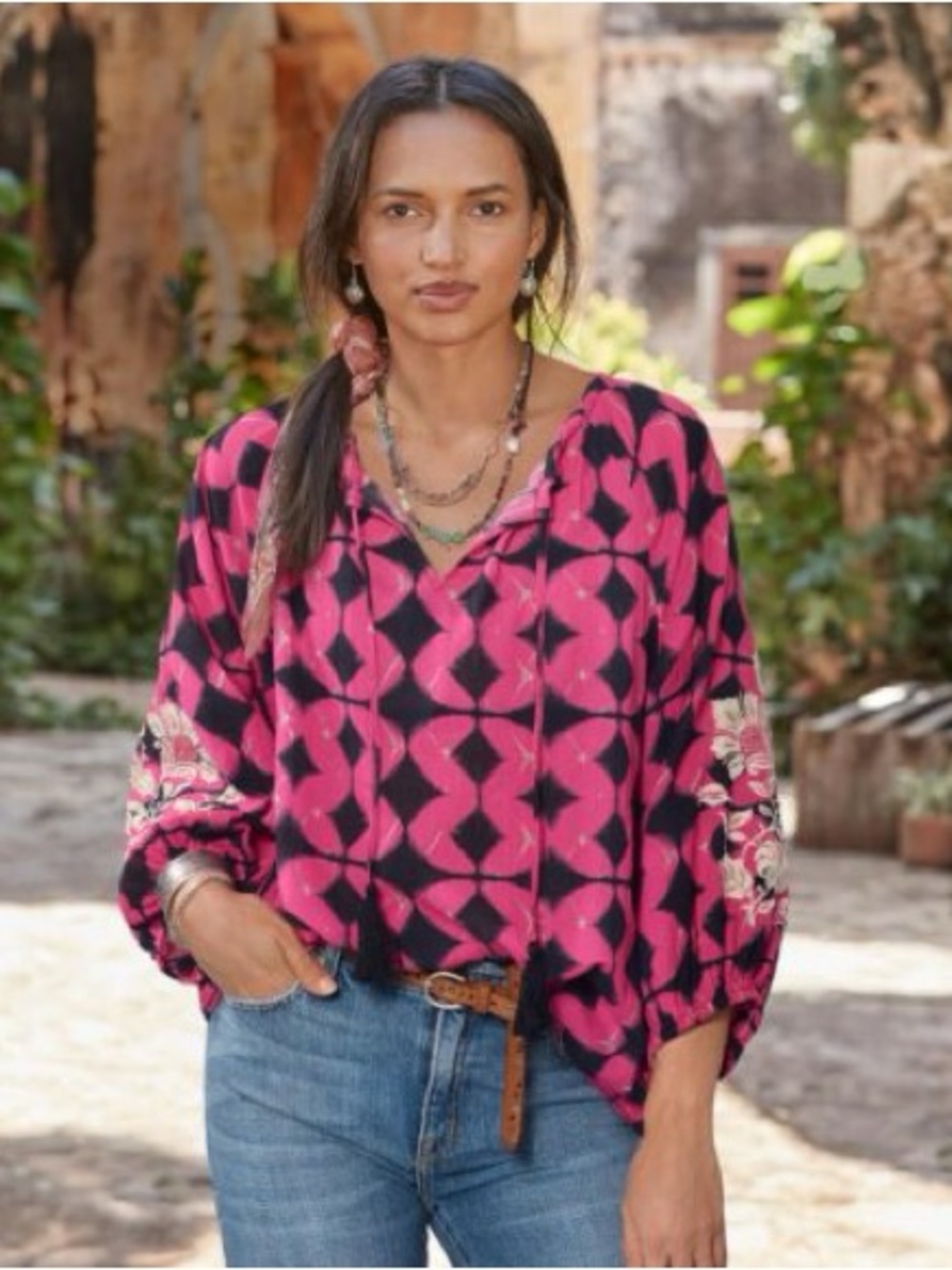 Sundance Hyacinth Batik Geometric Peasant Top Sz S